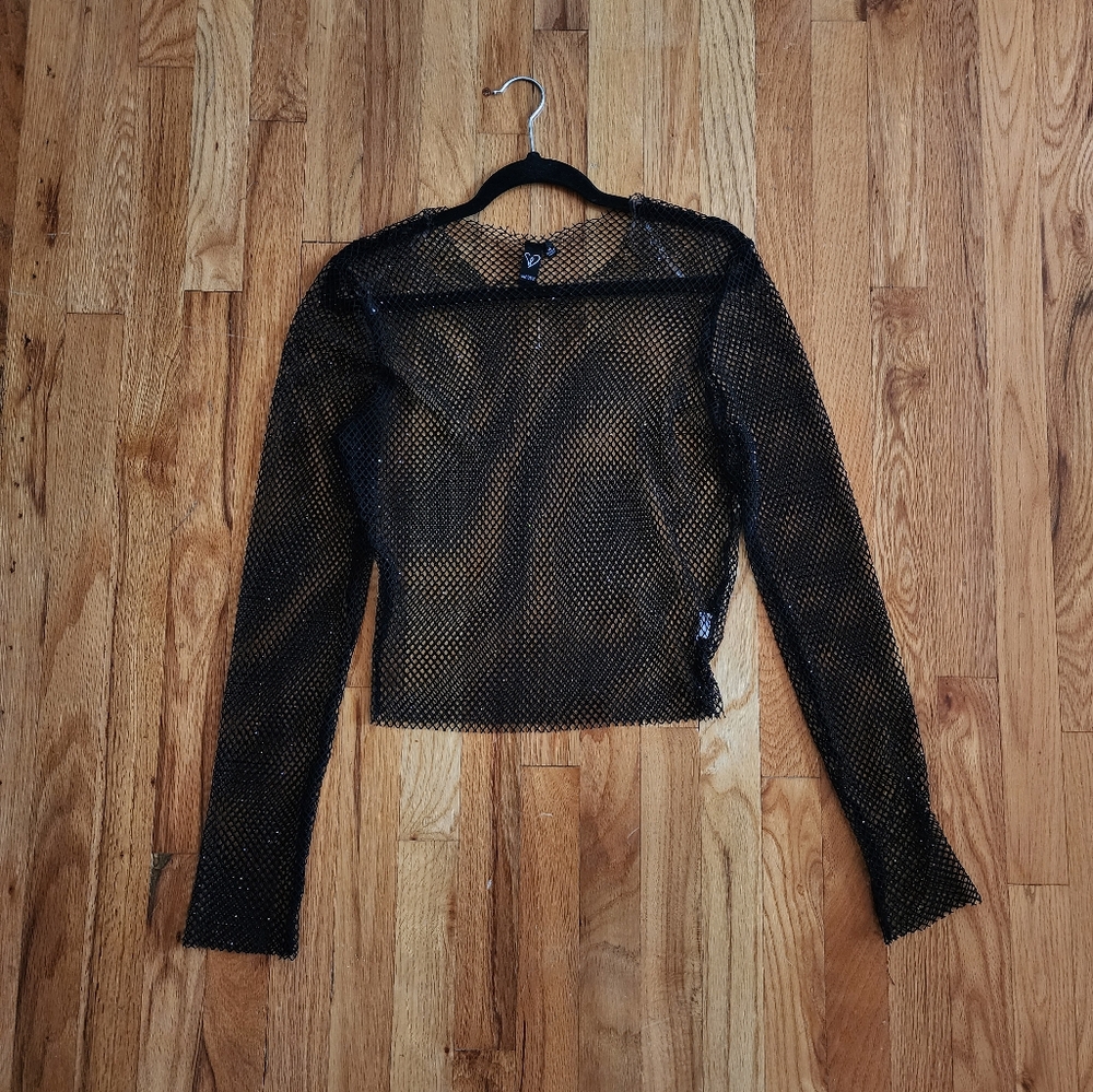 Windsor Women's Long Sleeve Sparkly Black Netted Top
